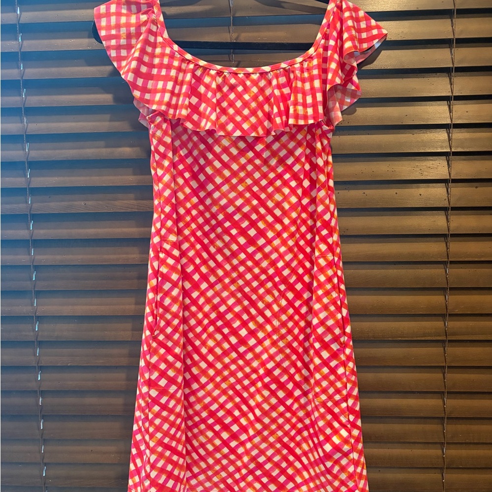Tommy Bahama Pink & White Gingham Off-Shoulder Ruffle Mini Dress